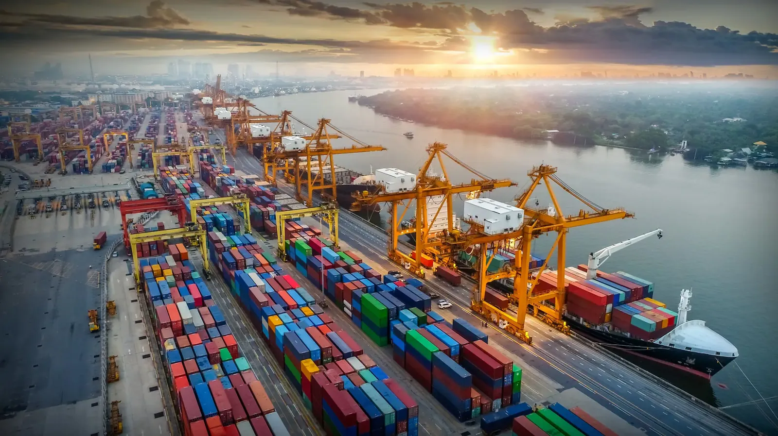 Container port at sunset