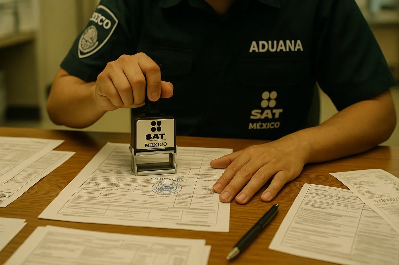 SAT customs officer stamping an import pedimento in Mexico